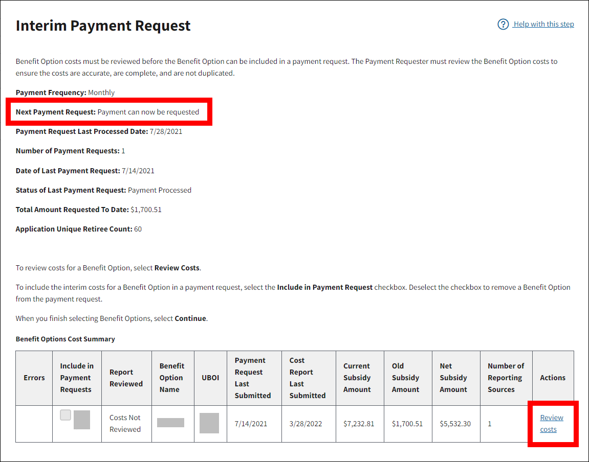 Interim Payment Request page with sample data. Next Payment Request field and Review Costs link are highlighted.