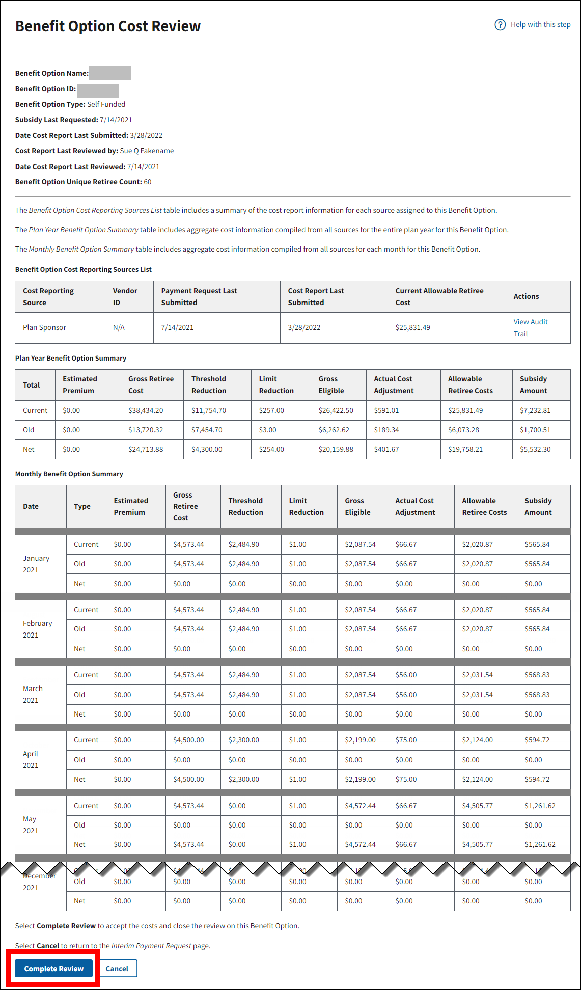 Benefit Option Cost Review page with sample data. Complete Review button is highlighted.