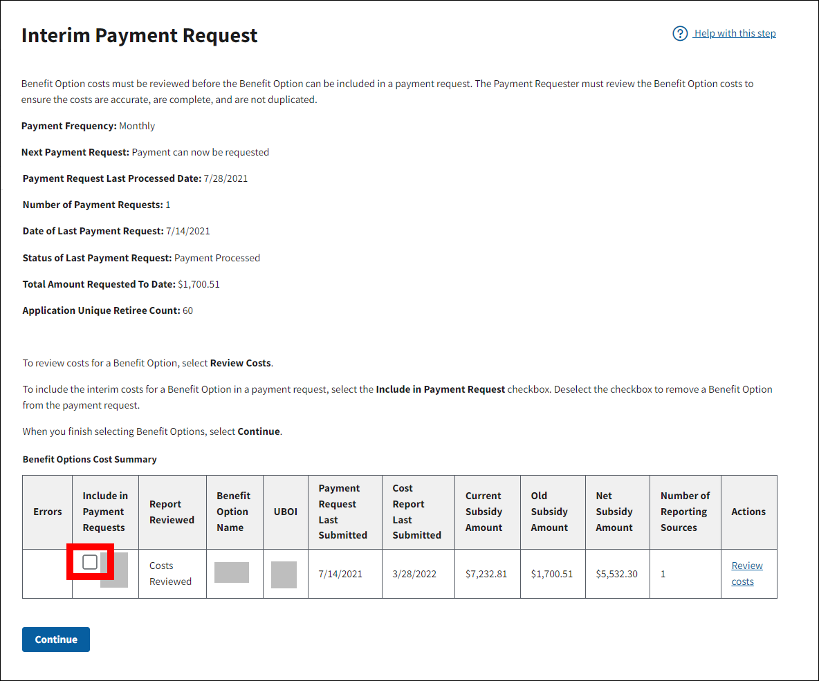 Interim Payment Request page with sample data. Include in Payment Requests checkbox is highlighted.