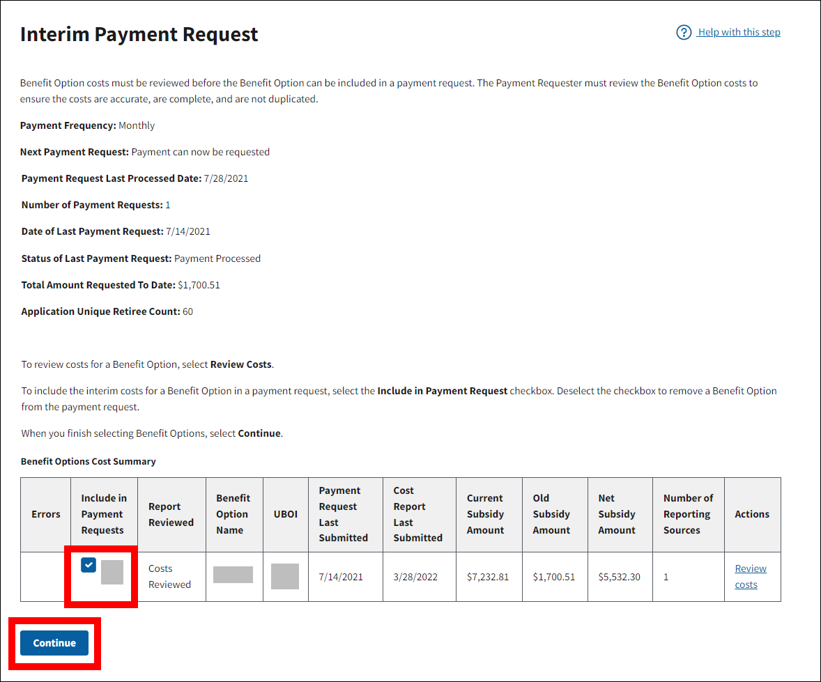 Interim Payment Request page with sample data. Include in Payment Requests checkbox is selected, checkbox and Continue button are highlighted.