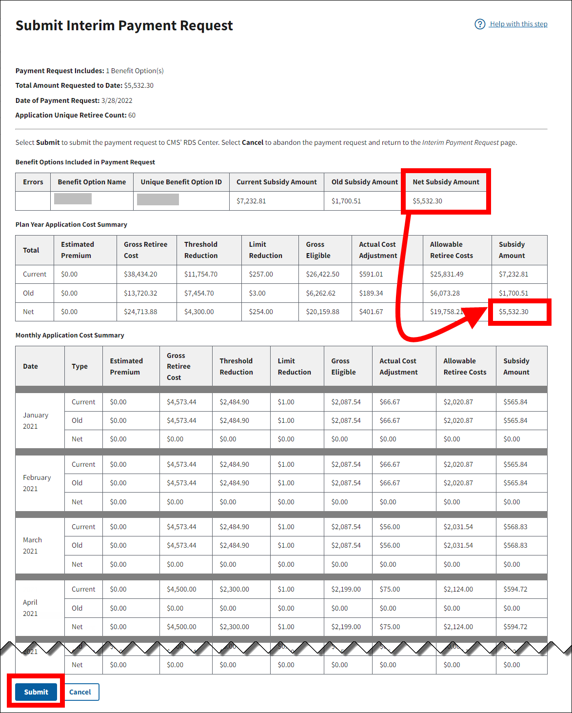 Submit Interim Payment Request page with sample data. Net Subsidy Amounts and Submit button are highlighted.