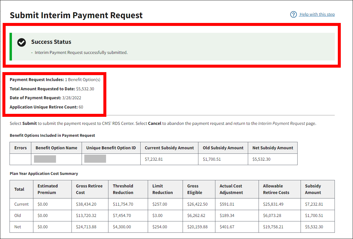 Submit Interim Payment Request page with sample data. Success message and Payment Request information fields are highlighted.
