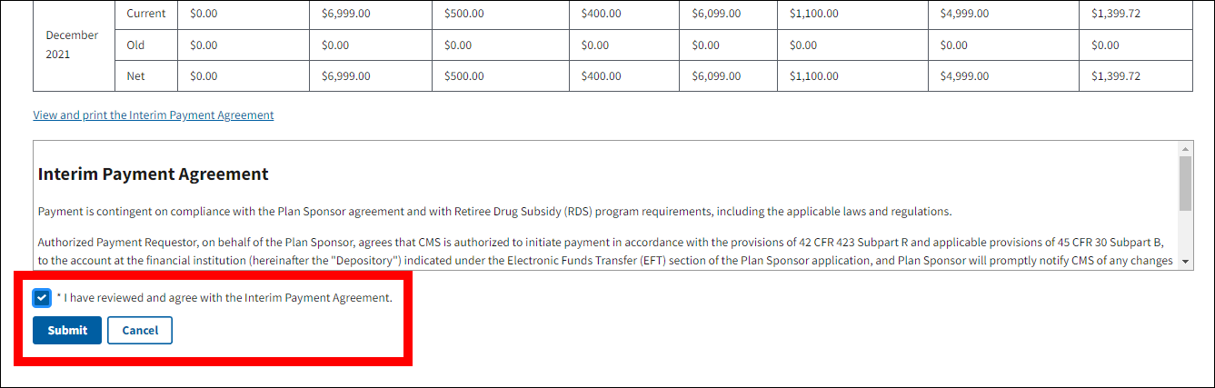 Submit Interim Payment Request page with sample data. Net Subsidy Amounts and Submit button are highlighted.