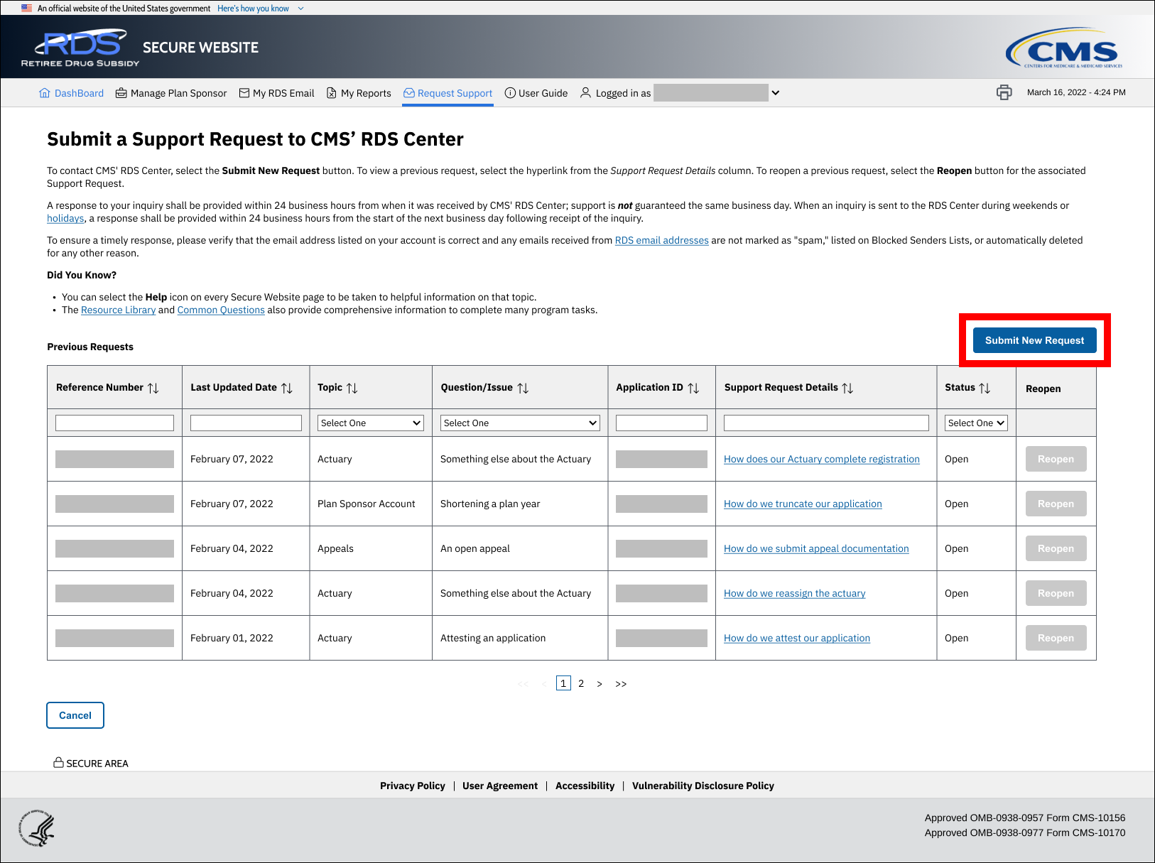 Submit a Support Request to CMS' RDS Center page with sample data. Submit New Request button is highlighted.
