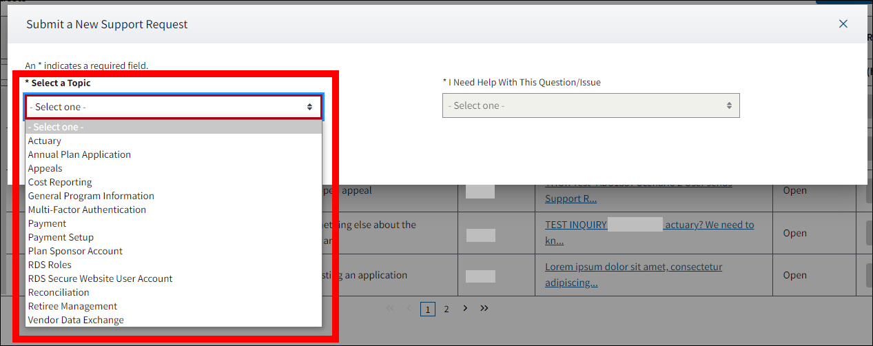 Submit a New Support Request pop-up with Select a Topic dropdown expanded and highlighted.