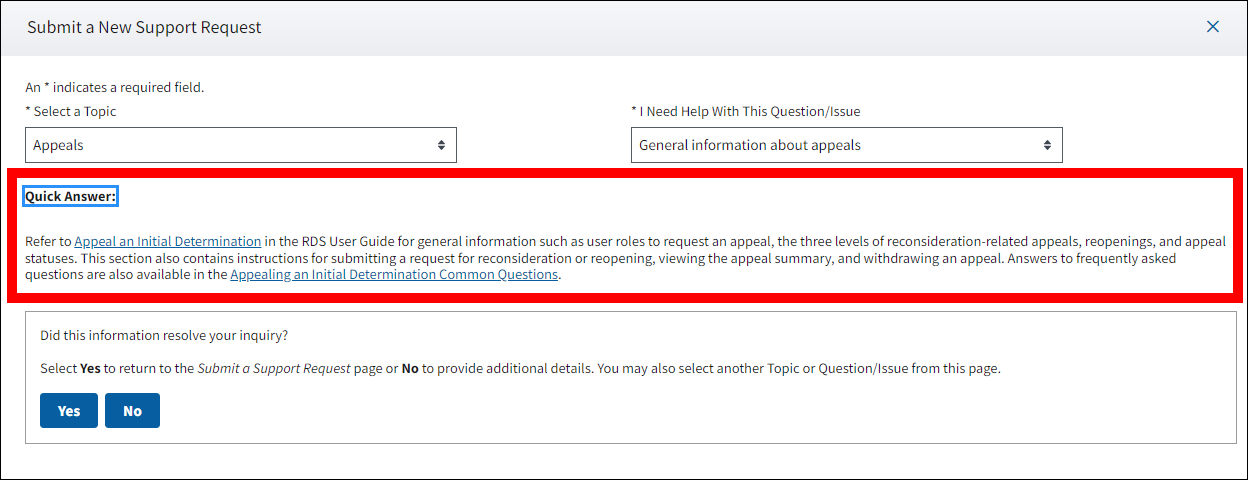 Submit a New Support Request pop-up with sample data. Quick Answer section is highlighted.