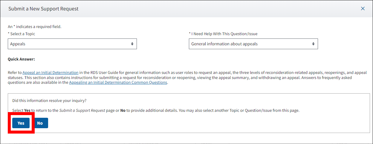 Submit a New Support Request pop-up with sample data. Yes button is highlighted.
