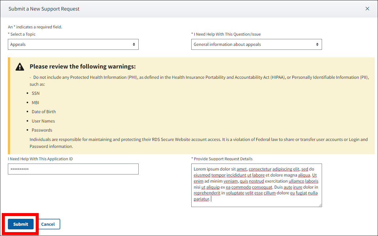 Submit a New Support Request pop-up with sample data. Submit button is highlighted.