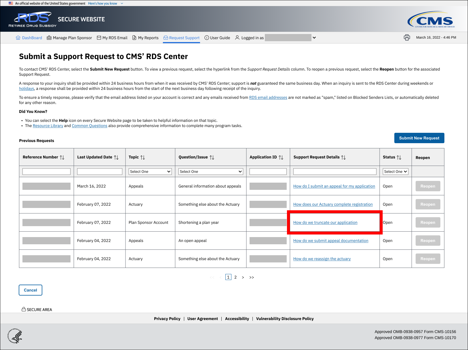 Submit a Support Request to CMS' RDS Center page with sample data. Support Request Details link is highlighted.
