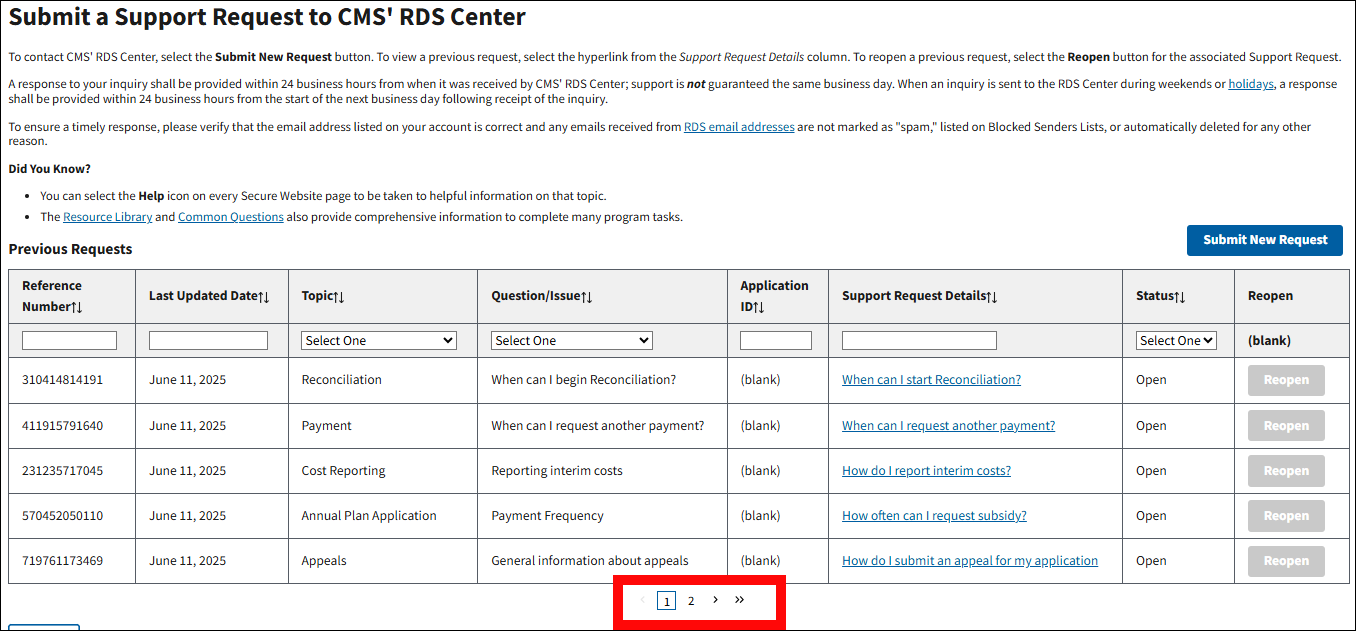 Submit a Support Request to CMS' RDS Center page with sample data. Page number links are highlighted.