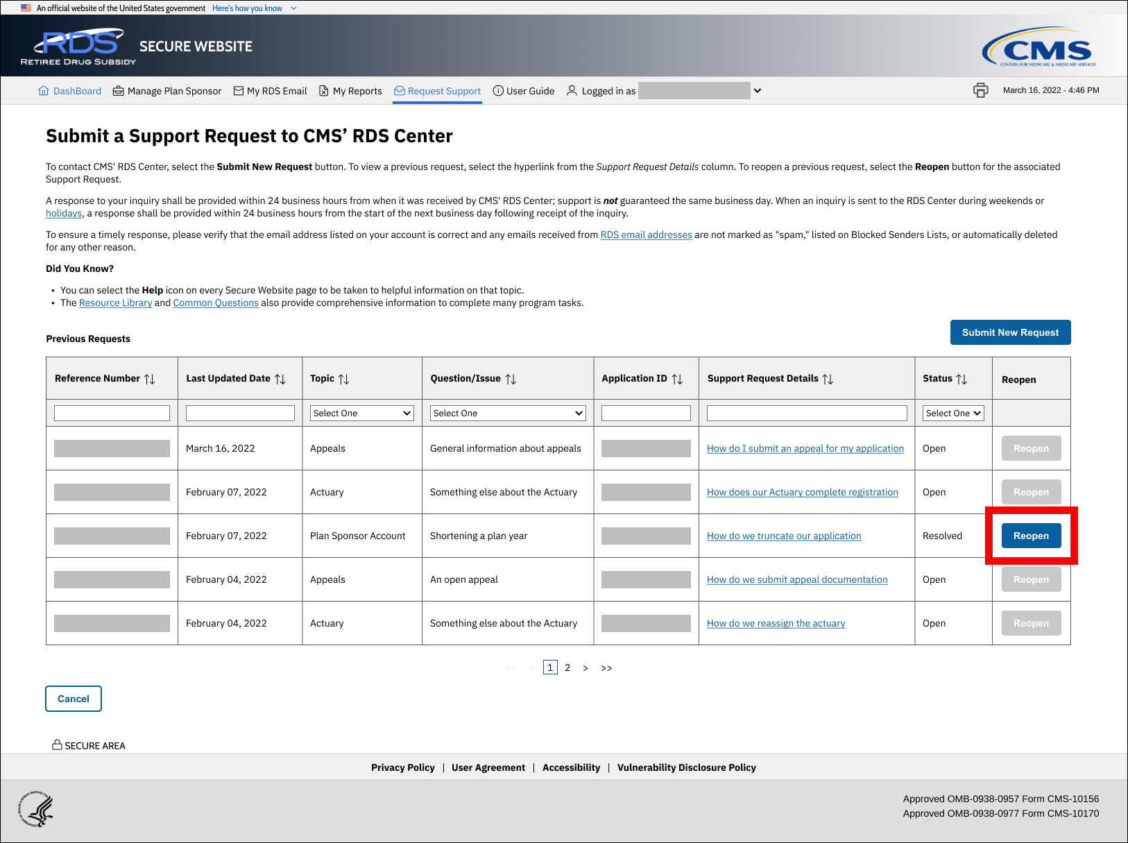 Submit a Support Request to CMS' RDS Center page with sample data. Reopen button is highlighted.