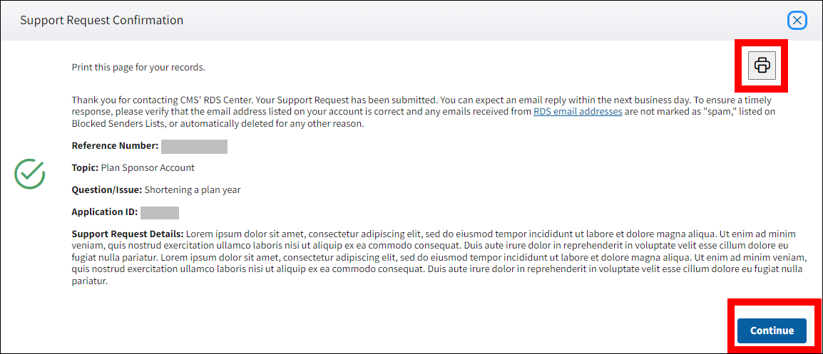 Support Request Confirmation pop-up with sample data. Print and Continue buttons are highlighted.