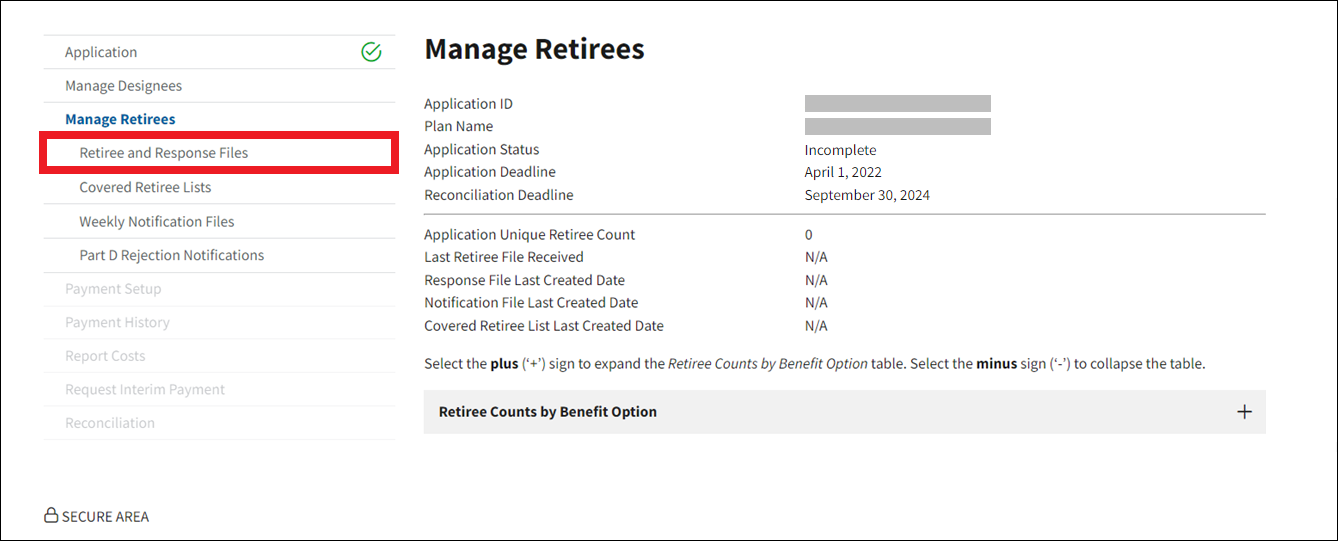 Manage Retirees page with sample data. Retiree and Response Files is highlighted in left nav.