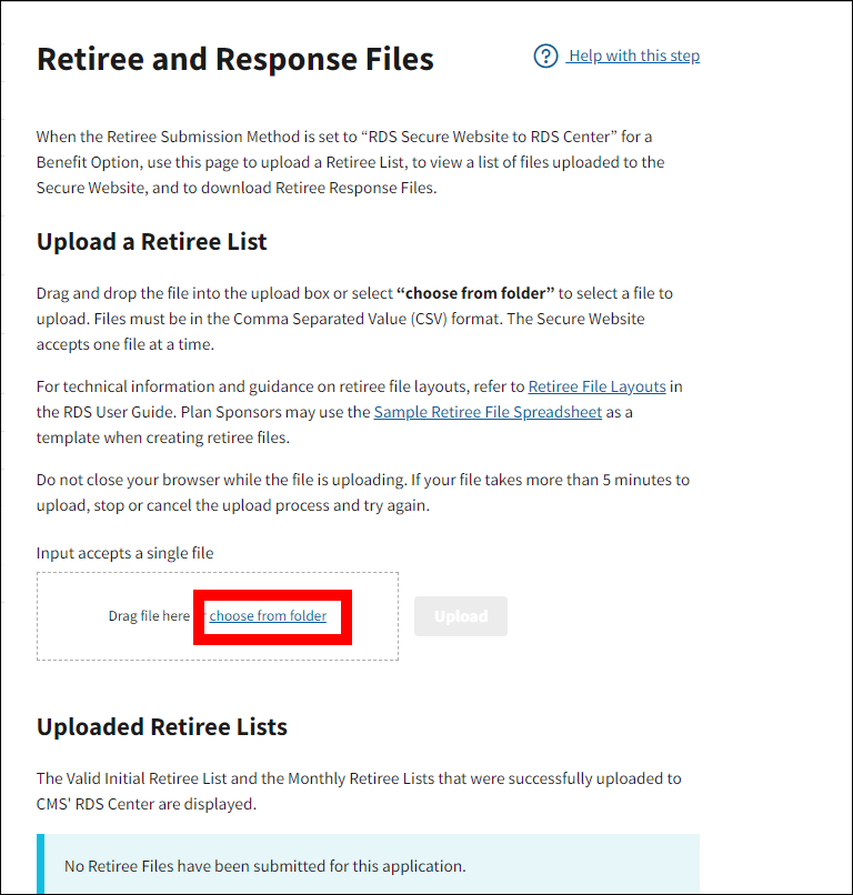 Retiree and Response Files page with choose from folder link highlighted.