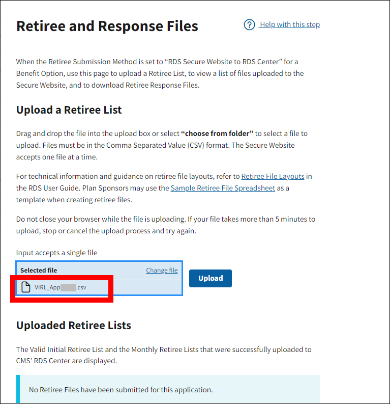 Retiree and Response Files page with sample data. Name of added file is highlighted.