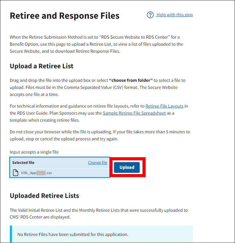 Retiree and Response Files page with sample data. Upload button is highlighted.