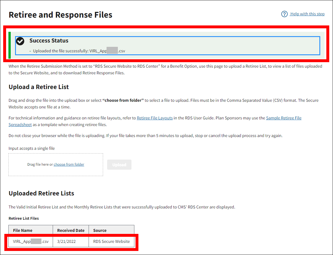 Retiree and Response Files page with sample data. Success message and Retiree List file are highlighted.