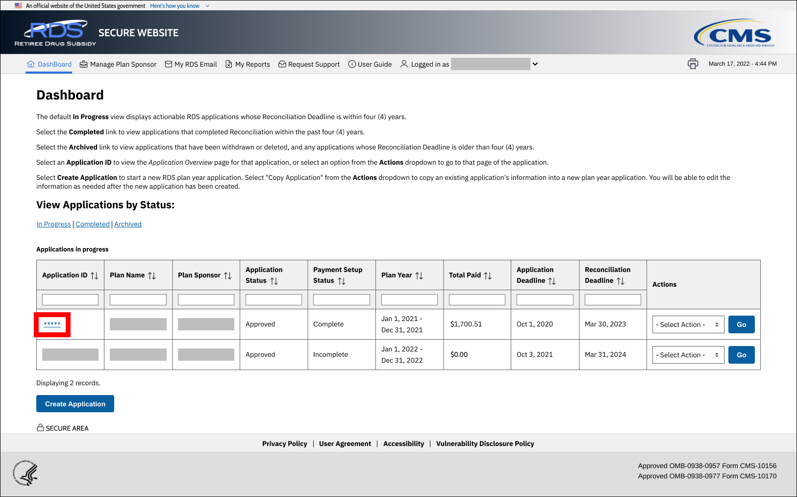 Dashboard page with sample data. Application ID link is highlighted.