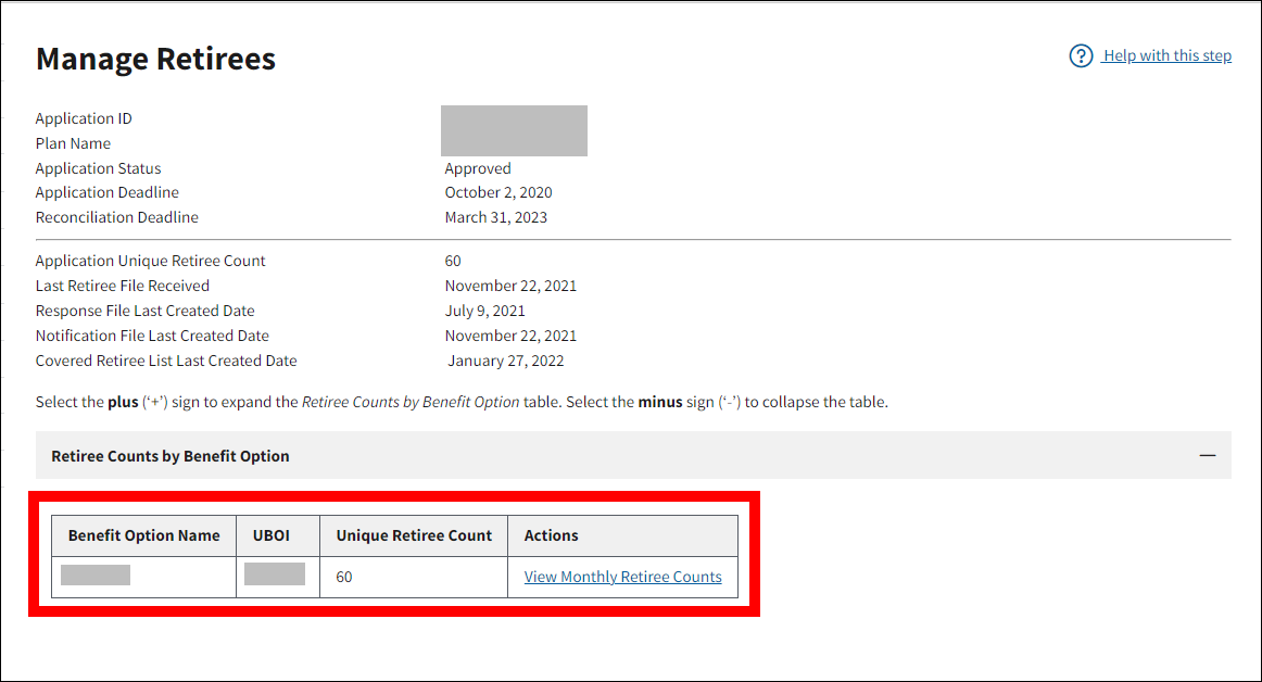 Manage Retirees page with sample data. Retiree Counts by Benefit Option table is highlighted.