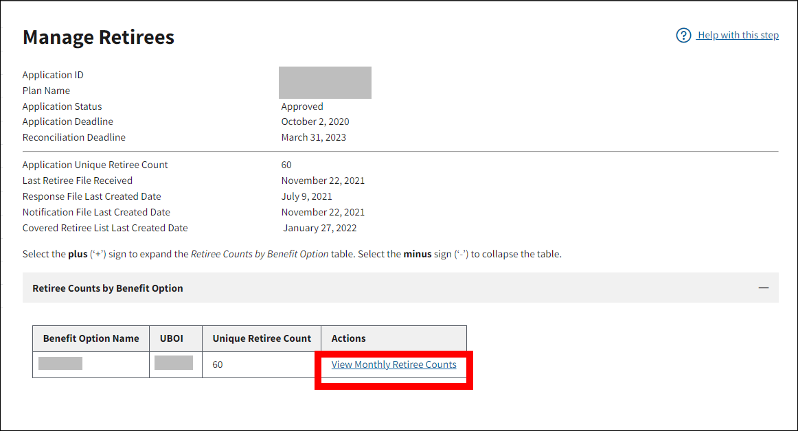 Manage Retirees page with sample data. View Monthly Retiree Counts link is highlighted.