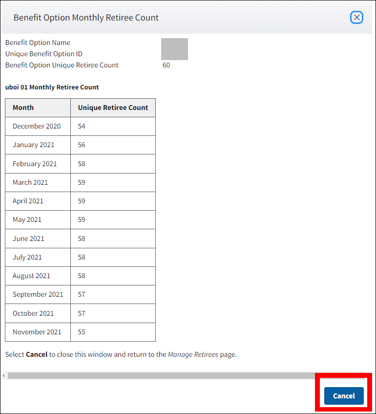 Benefit Option Monthly Retiree Count pop-up with sample data. Cancel button is highlighted.