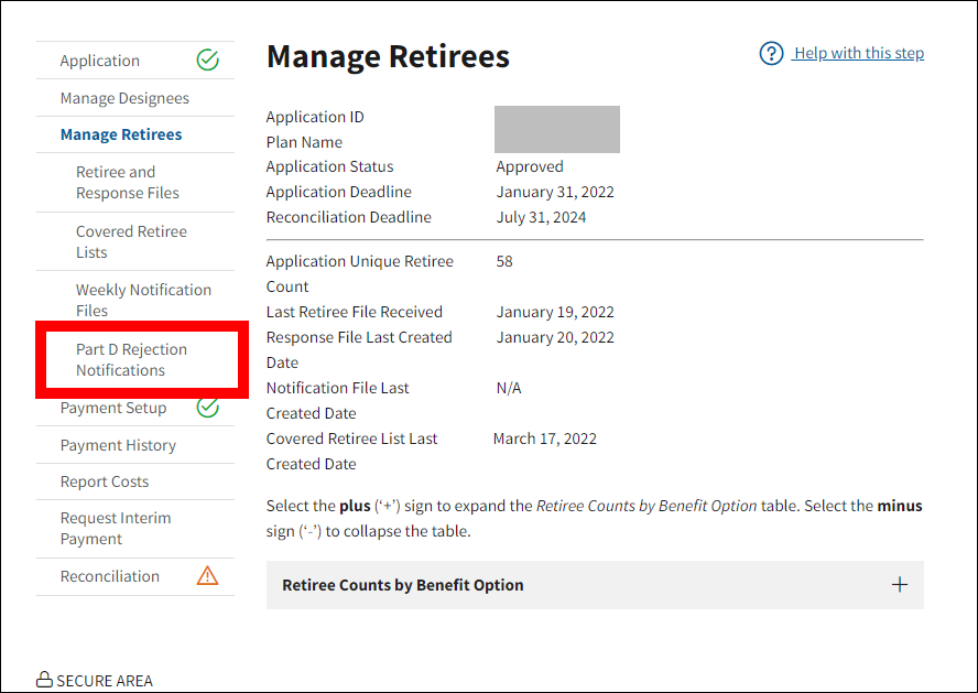 Manage Retirees page with sample data. Part D Rejection Notifications is highlighted in left nav.