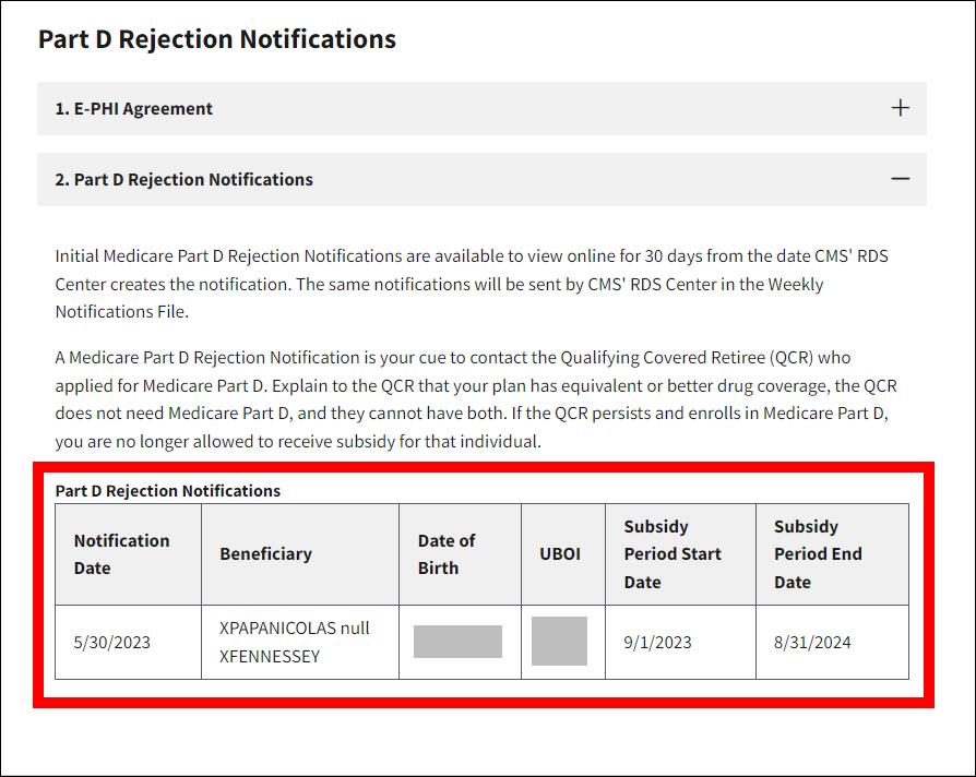Part D Rejection Notifications page with sample data. Part D Rejection Notifications table is highlighted.